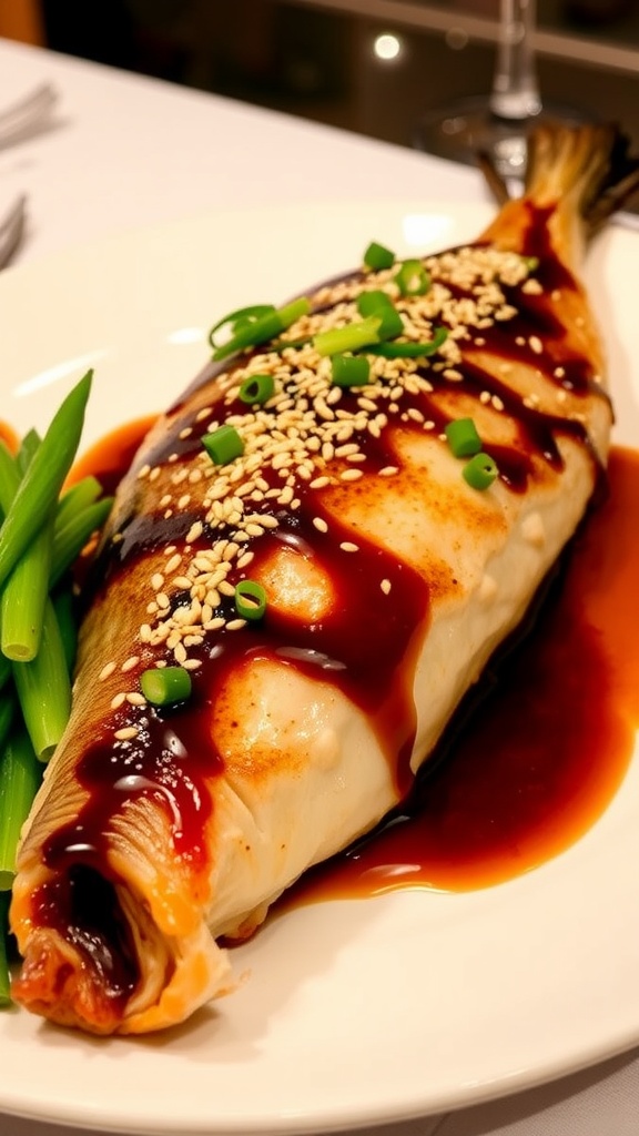 Crispy skin branzino glazed with soy sauce, garnished with sesame seeds and green onions on a white plate.